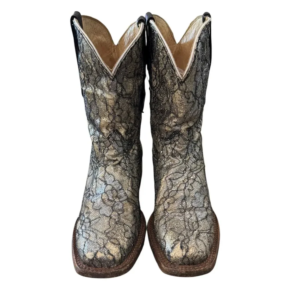 Tanner Mark Kids Youth 4 Metallic Lace Western Cowboy Boots Silver Black